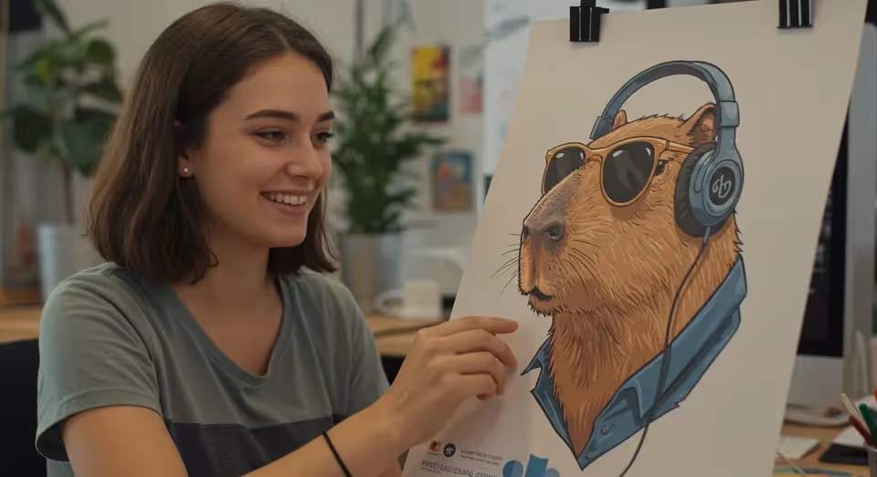 Mulher sorrindo enquanto segura pôster de capivara com fones.