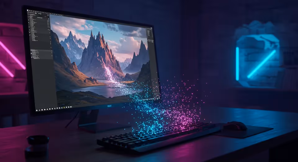 Arte digital de montanhas emergindo da tela do computador.