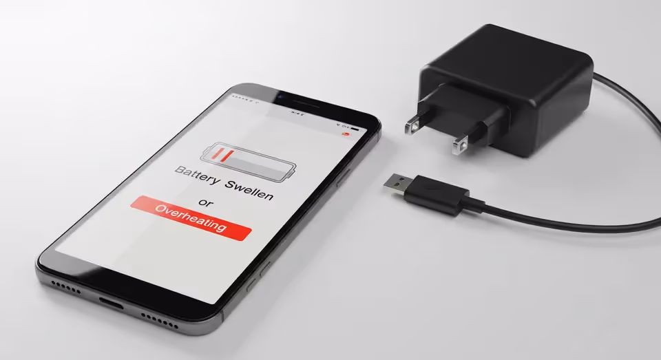 Smartphone exibe alerta de bateria inchada ao lado de carregador.