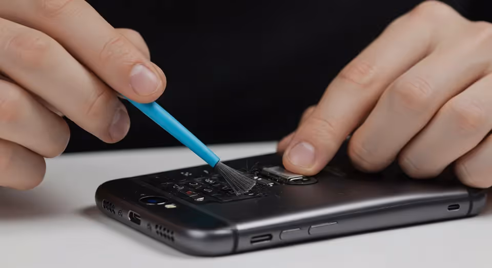 Pessoa limpando componentes internos de smartphone com pincel.