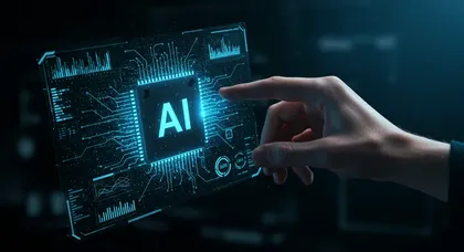 Dedo toca interface digital com chip de inteligência artificial
