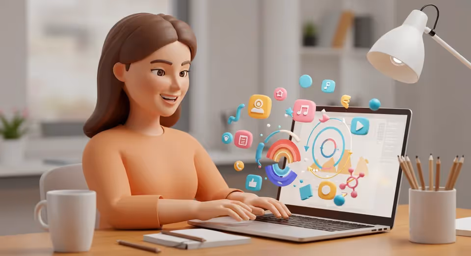 Avatar digital interage com gráficos em laptop