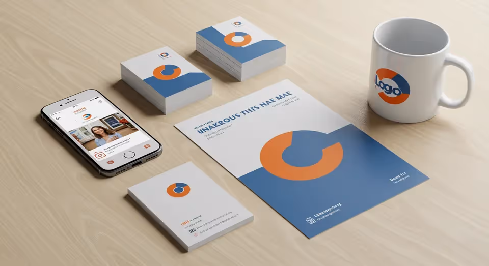 Material de marketing com logo, cartões e celular