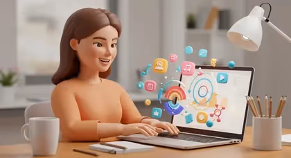 Avatar digital interage com gráficos e ícones em laptop