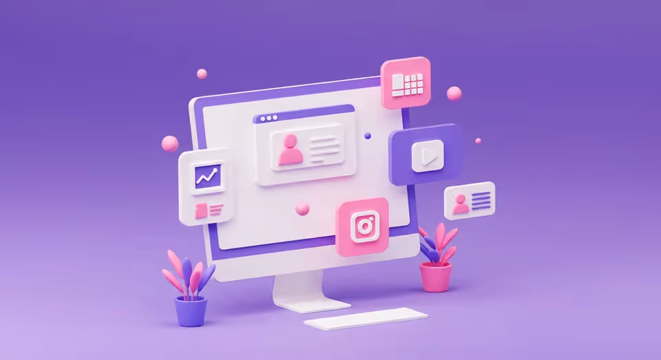 Tela com ícones digitais em 3D sobre fundo roxo.
