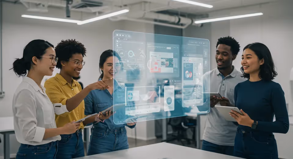 Equipe analisando interface digital em tela holográfica.