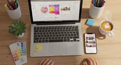 Trabalho criativo com laptop, celular e café sobre a mesa.