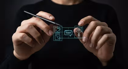 Imagem de design interativo futurista com ícones digitais e caneta