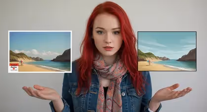 Mulher comparando foto com ilustração digital