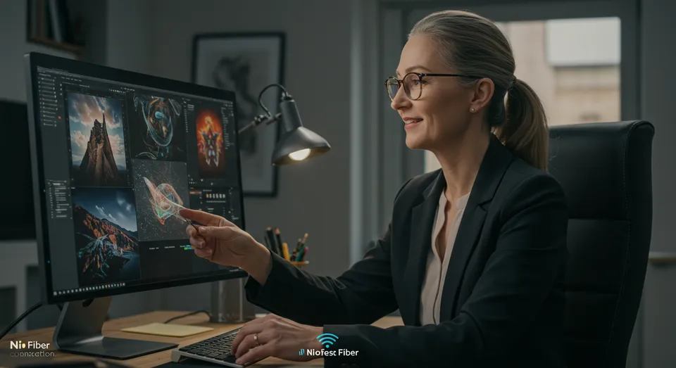 Mulher interagindo com imagens no computador.