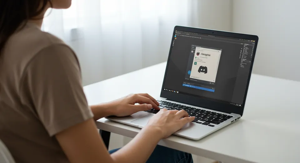 Mulher usando laptop com interface de chat aberta.