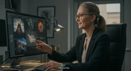 Mulher interagindo com imagens criativas no computador.