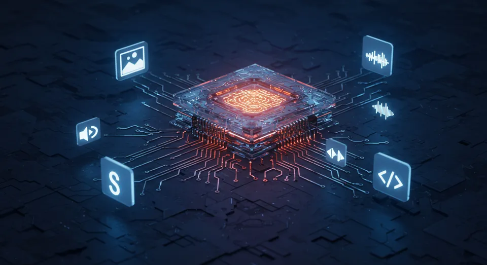 Chip com ícones de imagem, som e código ao redor.