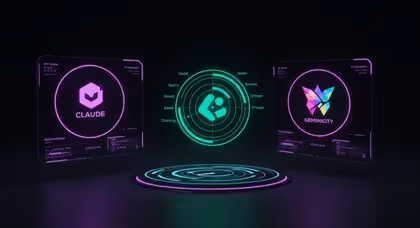 Interfaces de IA com logotipos e gráficos interativos em 3D.