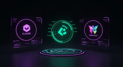 Interfaces de IA com logotipos e gráficos interativos em 3D.