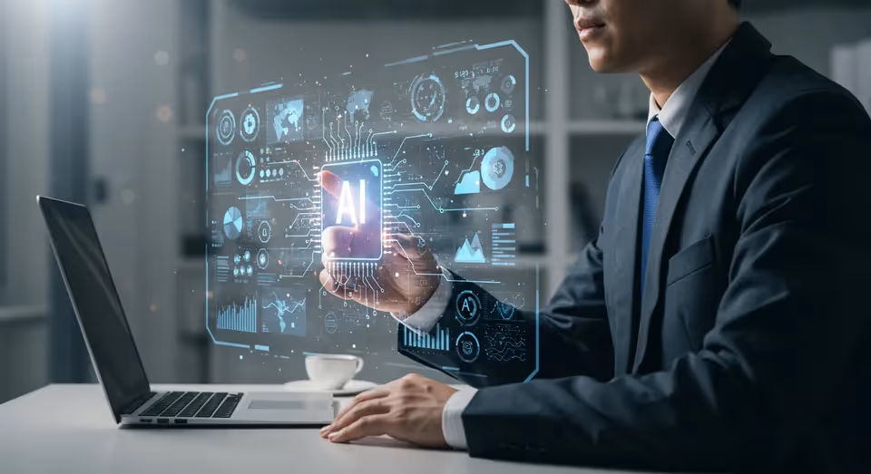 Profissional de negócios com AI em holograma digital.