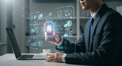 Profissional de negócios interagindo com holograma digital de IA.