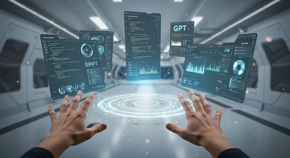 Interação com dados e gráficos em ambiente virtual futurista.