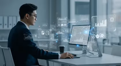 Executivo usando tecnologia avançada para visualização de dados