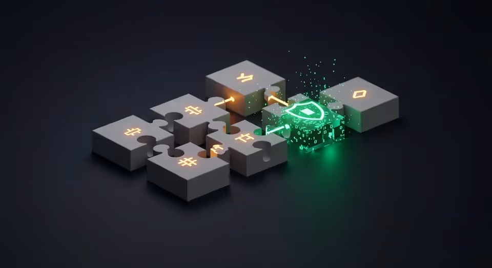 Blocos de quebra-cabeça com símbolos digitais e escudo de segurança