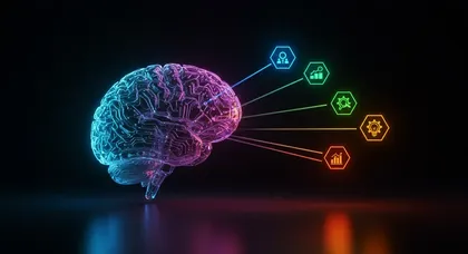 Cérebro tecnológico com conexões e ícones coloridos