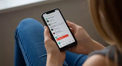 Mulher segurando celular com lista de chamadas recentes