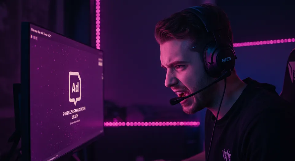 Gamer irritado com anúncio na tela durante stream
