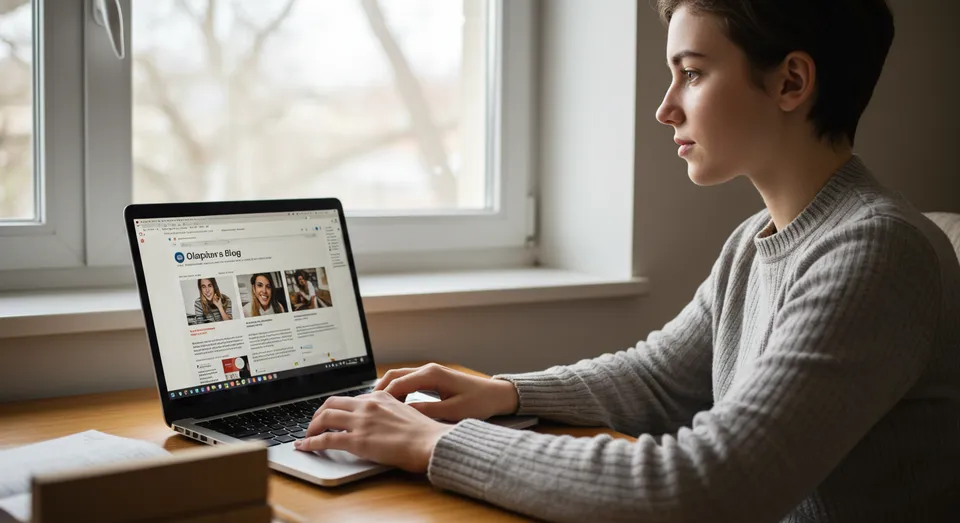 Mulher navegando em blog em seu notebook na janela