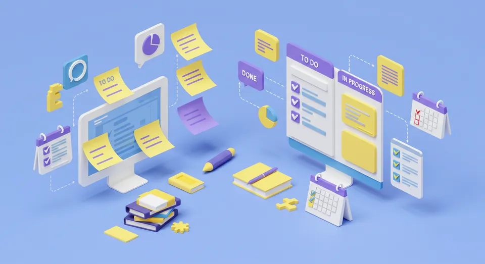 Ilustração digital de ferramentas de produtividade como post-its e agenda.