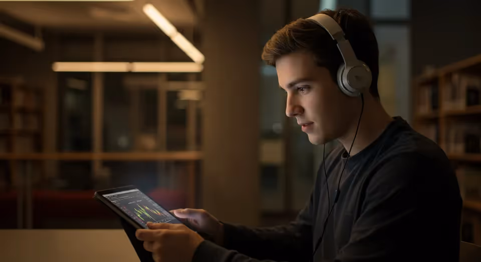 Jovem ouvindo música e analisando dados no tablet.
