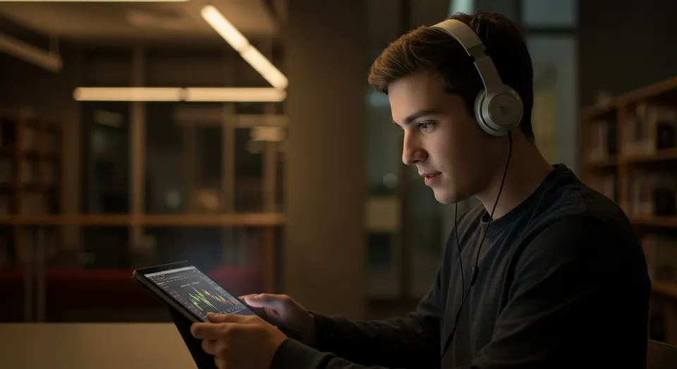 Jovem ouvindo música e analisando dados no tablet.