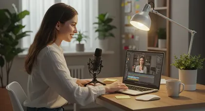 Mulher trabalhando em laptop com microfone em ambiente criativo.