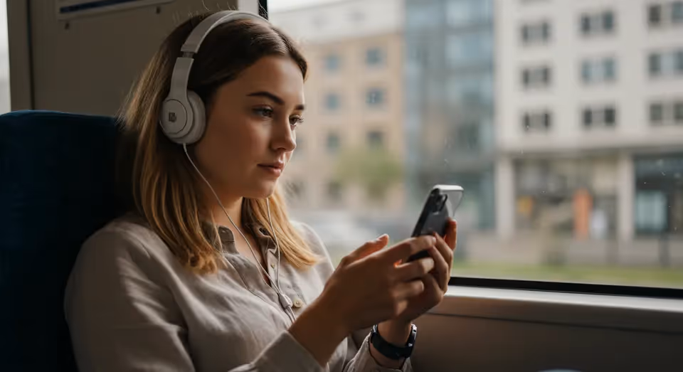 Jovem ouvindo conteúdo educacional no celular em transporte público.