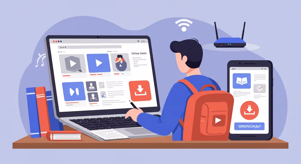 Estudante acessando cursos online em laptop e celular.
