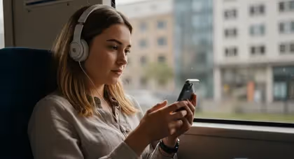 Jovem ouvindo conteúdo educacional no celular em transporte público.