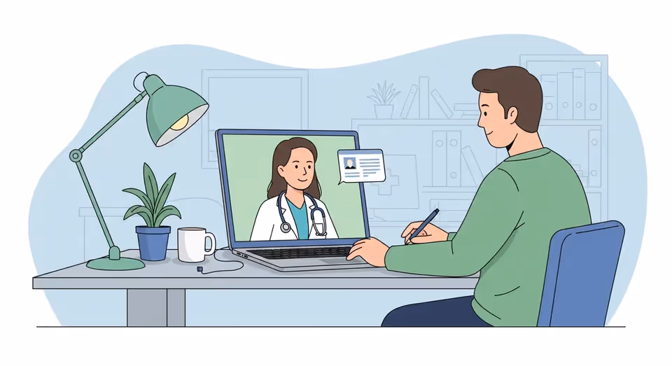 Homem realizando uma consulta médica online, conversando com uma médica pela videoconferência.