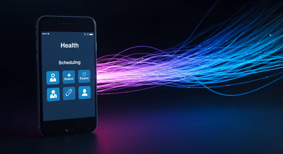 Tela de smartphone mostrando uma interface de agendamento de saúde, com ícones de médicos e exames.