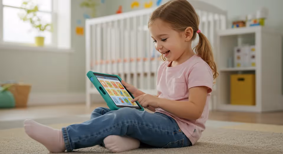 Menina sorrindo enquanto brinca com tablet.