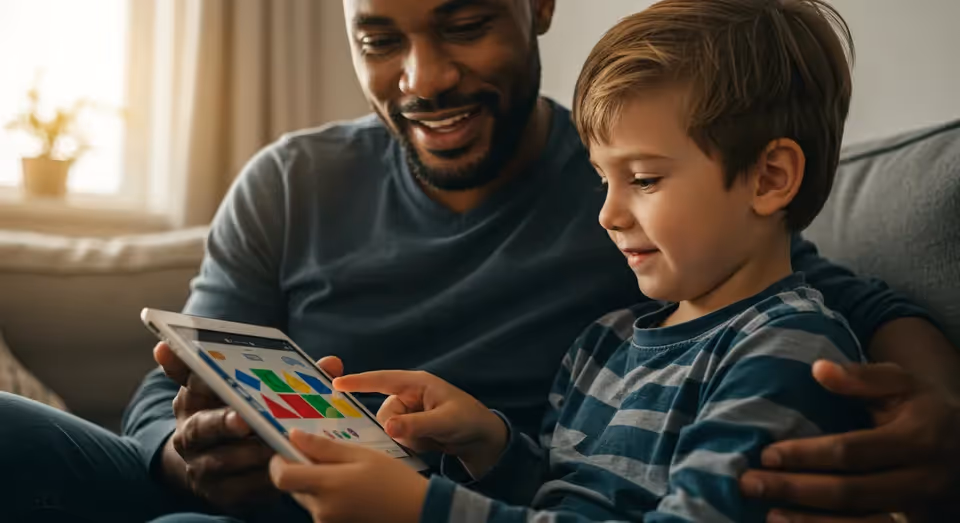 Pai e filho brincando com tablet.