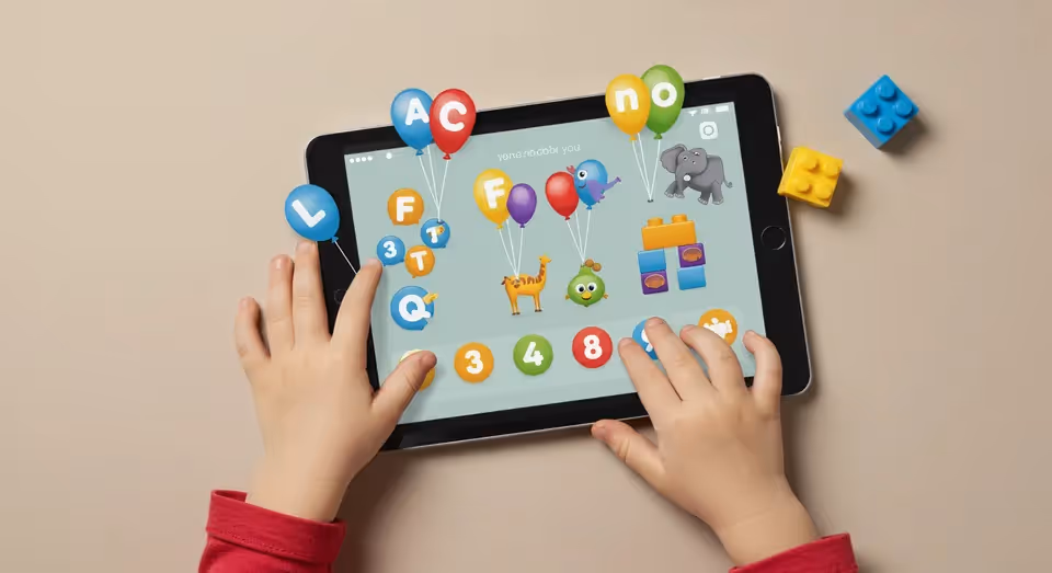 Criança interagindo com tablet e blocos de brinquedo.