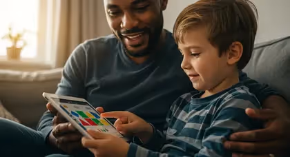Pai e filho brincando com tablet.