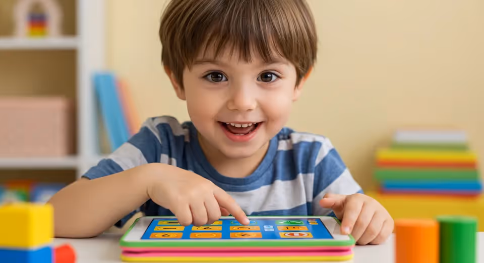 Menino sorridente usando tablet educativo em ambiente escolar