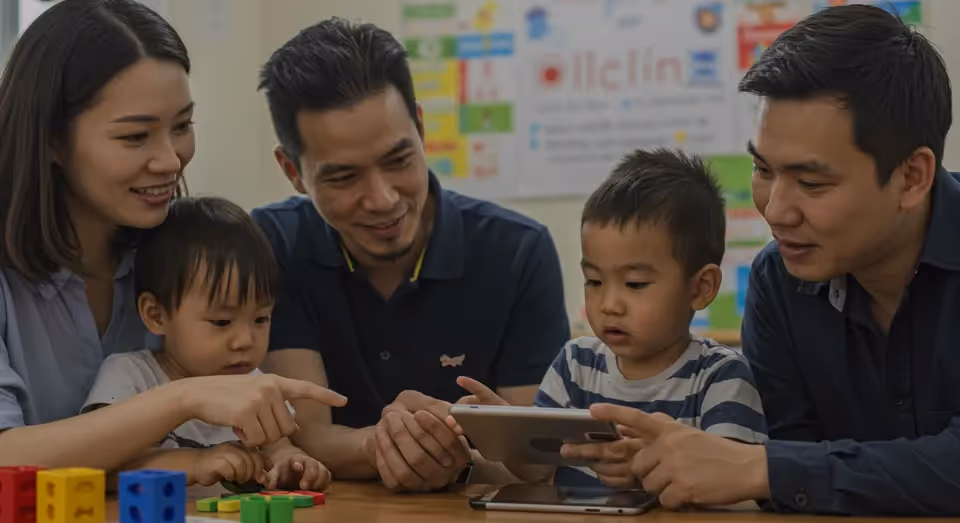 Família interagindo com crianças usando tablet educativo