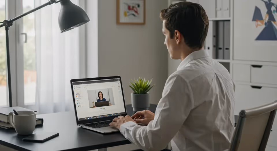 Homem participando de reunião virtual em laptop no escritório
