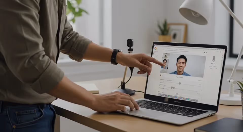 Homem ajustando configurações de vídeo para chamada online