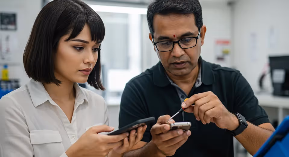 Técnica e cliente verificam conserto de celular