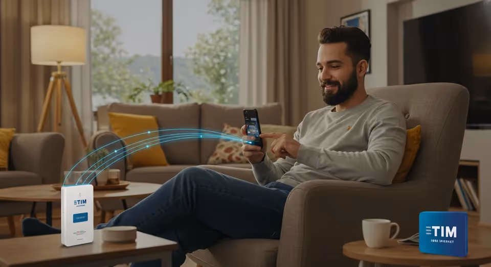 Homem navega no celular com internet TIM no sofá