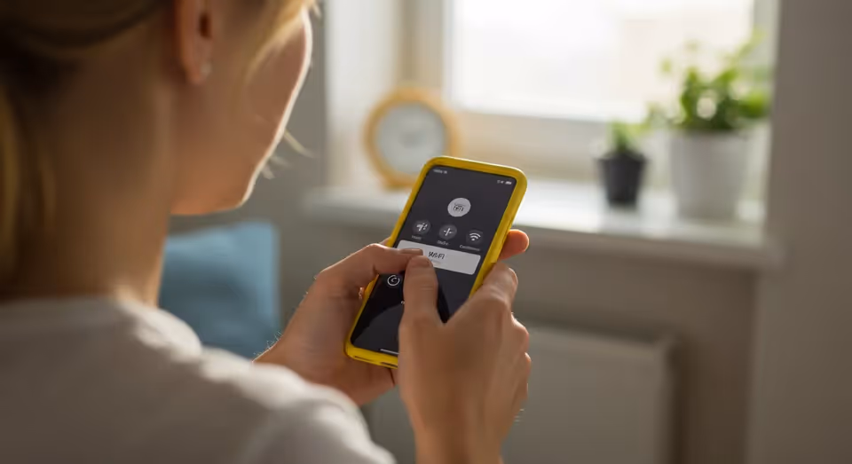 Mulher conecta o Wi-Fi no celular em ambiente doméstico