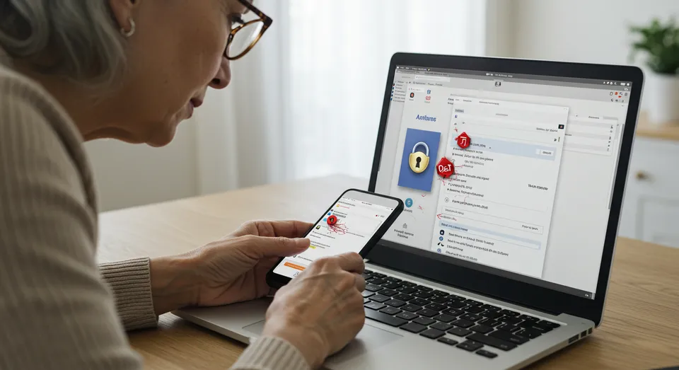 Mulher mais velha usando celular e notebook com alerta