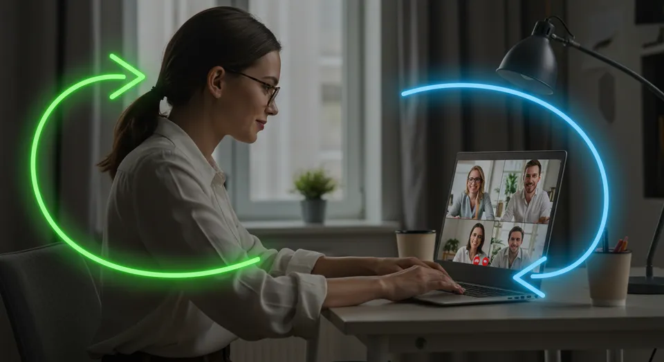 Mulher em videoconferência com troca de dados digital